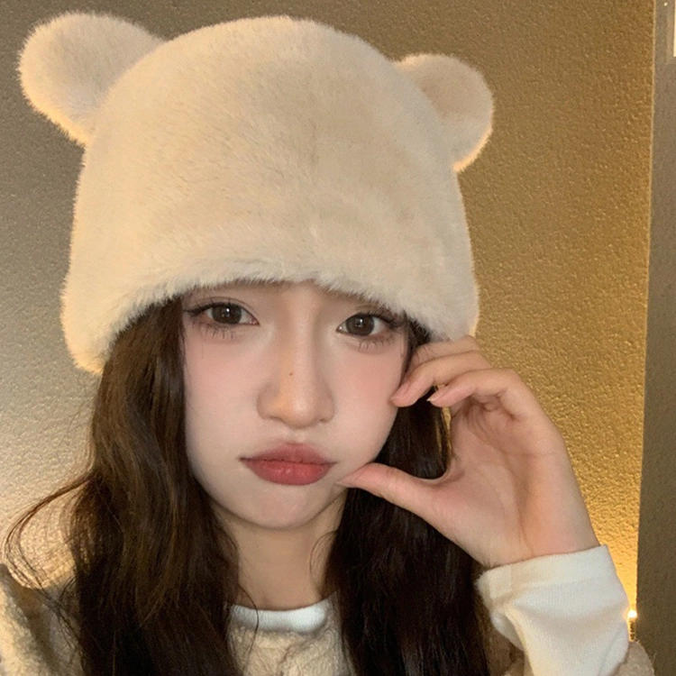 浪莎 减龄小熊耳朵毛绒帽女款秋冬新款仿貂毛百搭护耳帽学生甜美可爱冷帽 涤纶 绒线帽 女款