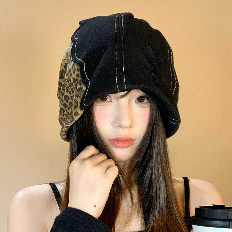 浪莎 韩系小众设计拼接豹纹辣妹复古堆堆帽大头围显脸小 棉 绒线帽 女款
