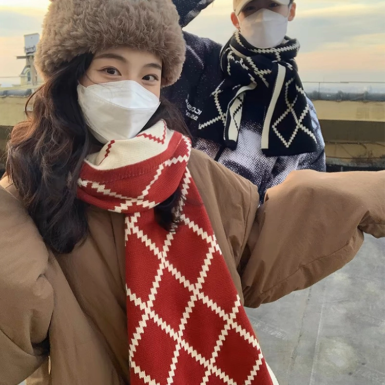 【新年氛围感】 浪莎 新年红色小香风菱形格双面围巾披肩百搭秋冬保暖针织围脖 男女同款情侣款 绒线围巾 男女同款情侣款