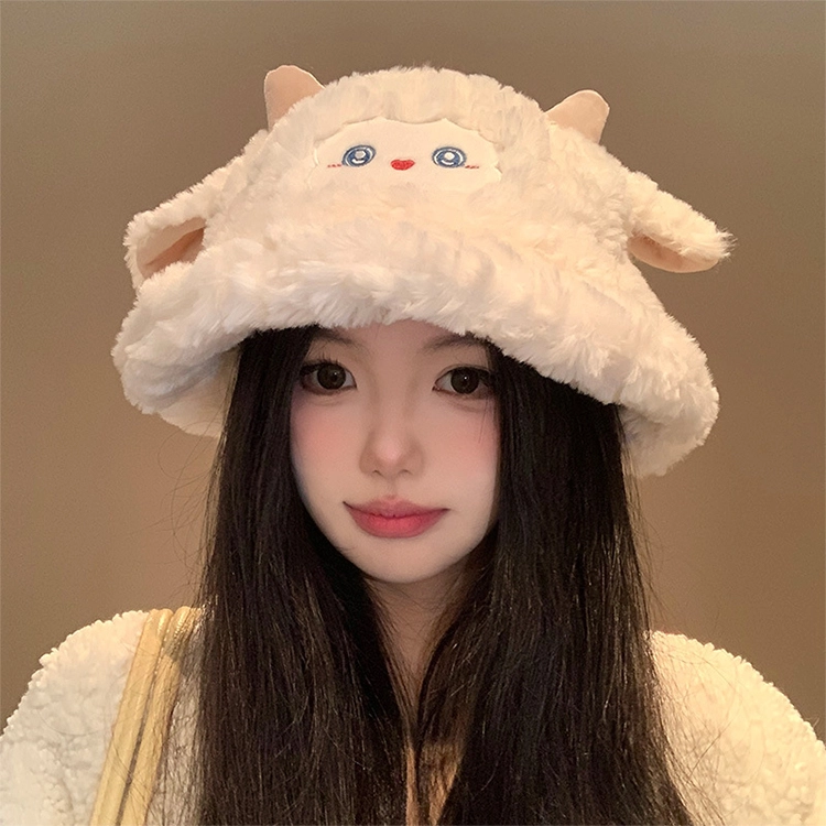 浪莎 超可爱小绵羊毛绒秋冬季百搭显脸小保暖护耳 涤纶 渔夫帽 女款 白色