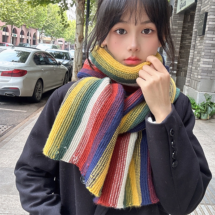【个性撞色】 浪莎 彩虹岛屿氛围感针织撞色围巾冬季保暖加厚百搭毛线围脖加厚 男女同款情侣款 绒线围巾 男女同款情侣款