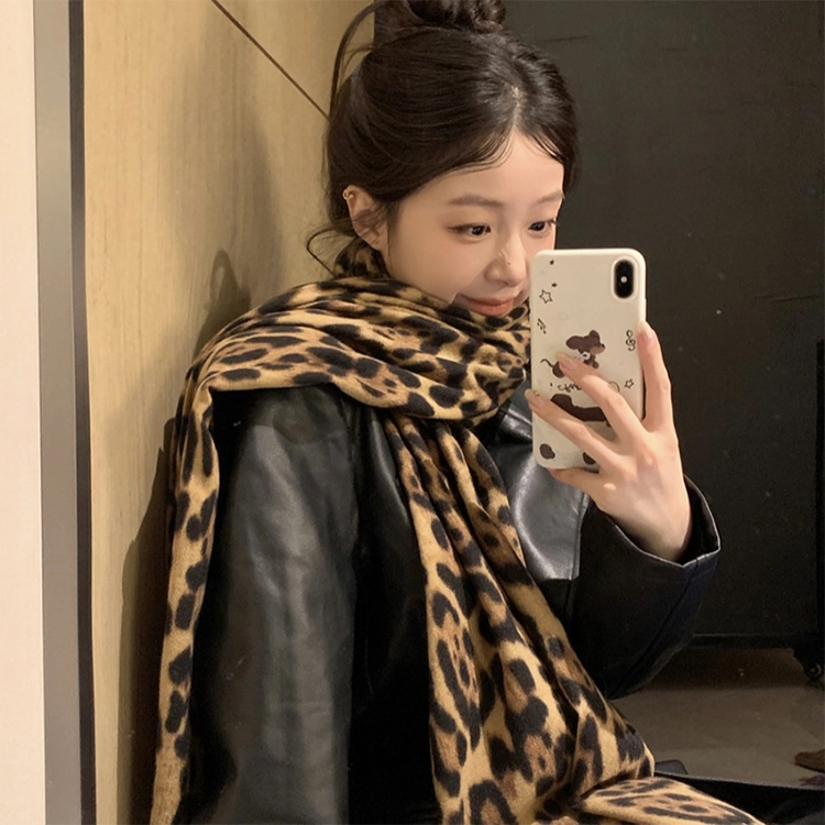 浪莎 甜酷风复古豹纹流苏绒线围巾男女情侣款千禧辣妹风秋冬加厚保暖披肩围脖 礼盒装 绒线围巾 男女同款情侣款