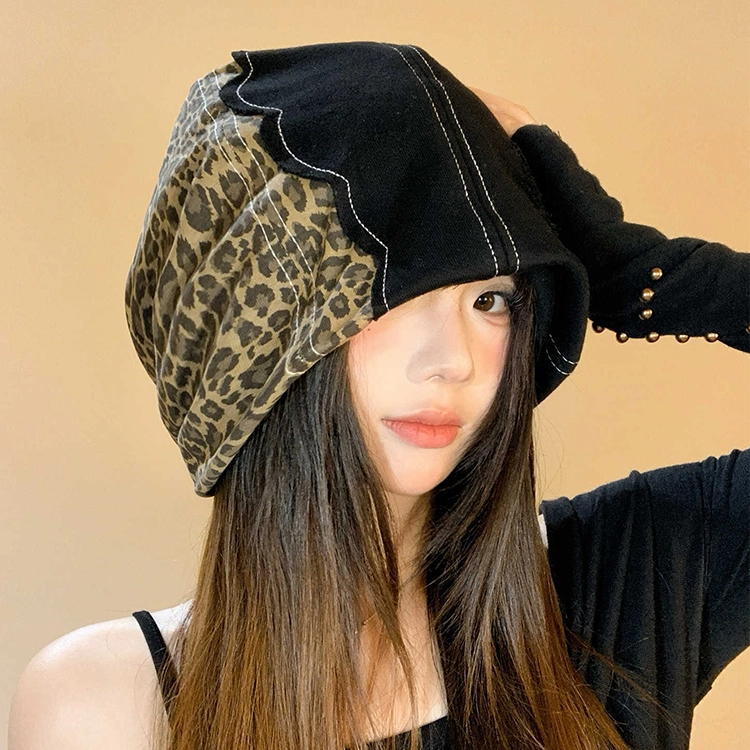 浪莎 韩系小众设计拼接豹纹辣妹复古堆堆帽大头围显脸小 棉 绒线帽 女款
