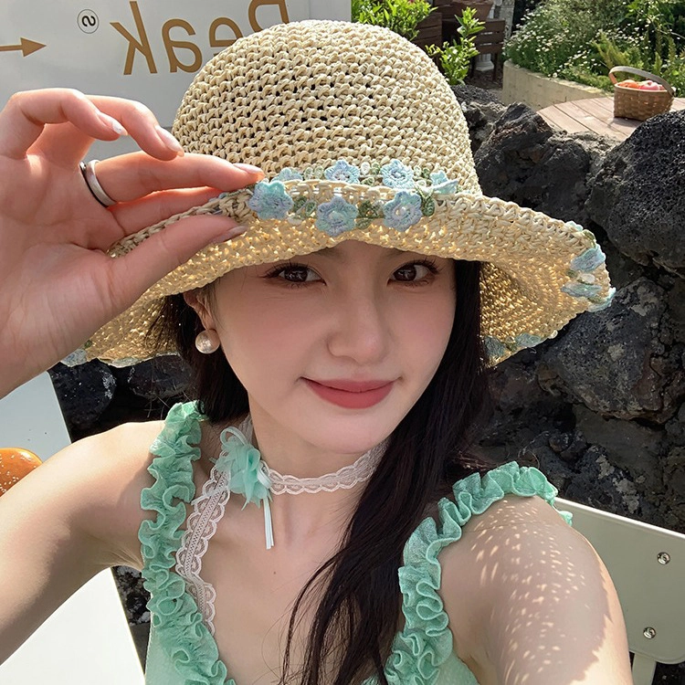 浪莎 薄荷曼波小清新花朵织带草帽大帽檐沙滩露营纯欲风出片 遮阳帽 草编 防晒帽 女款