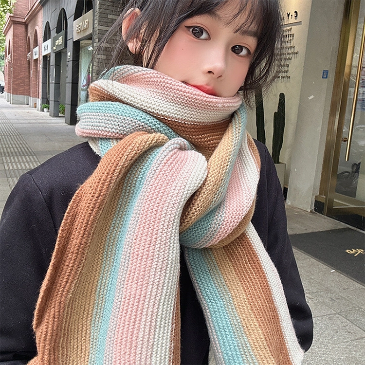 【个性撞色】 浪莎 彩虹岛屿氛围感针织撞色围巾冬季保暖加厚百搭毛线围脖加厚 男女同款情侣款 绒线围巾 男女同款情侣款