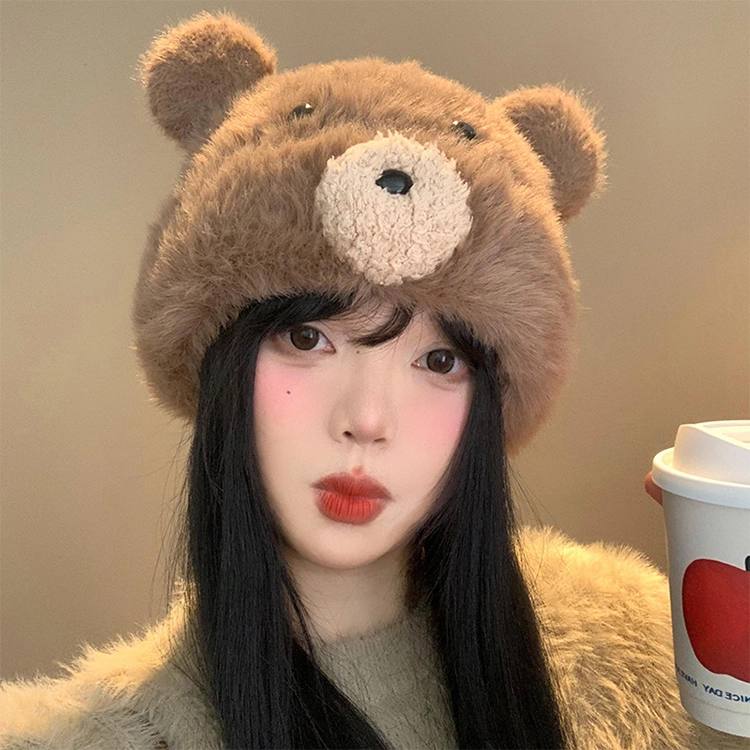浪莎 可爱卡通小熊耳朵毛绒套头帽子女款秋冬季保暖护耳针织帽学生冷帽绒线帽 涤纶 绒线帽 女款