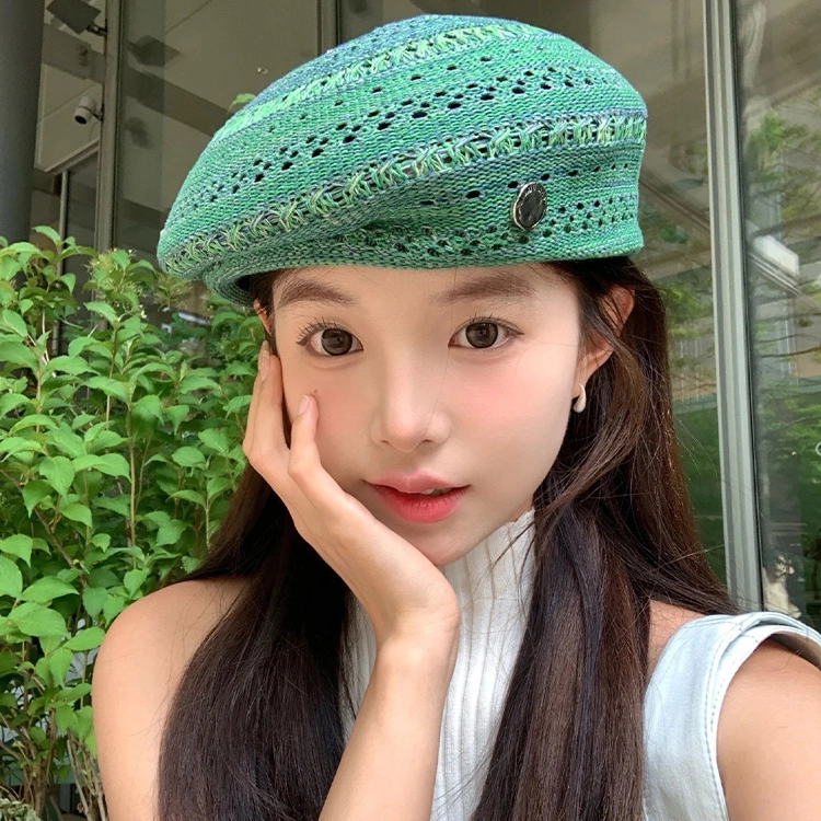 浪莎 日系学院风文艺多巴胺钩花镂空 棉麻 贝雷帽 女款