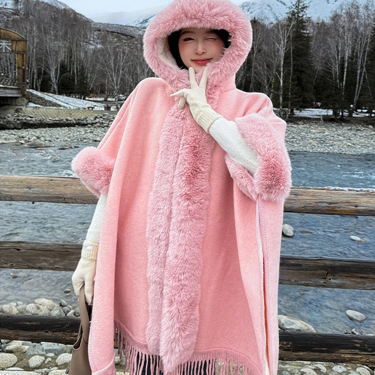 浪莎 氛围感纯色连帽斗篷披肩女生冬季加厚保暖外套加绒加大毛领连帽披风 披肩 女款
