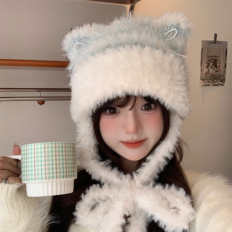 浪莎 纯欲风毛绒可爱蝴蝶结猫耳朵针织帽女生秋冬保暖加厚包头帽防风护耳针织帽 涤纶 绒线帽 女款