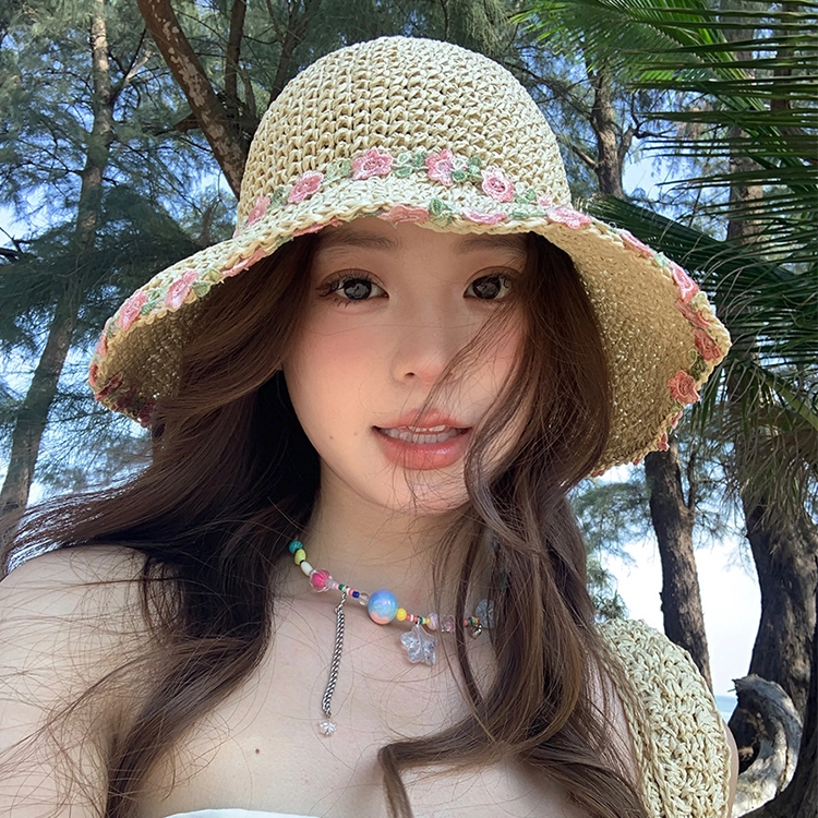 浪莎 薄荷曼波小清新花朵织带草帽大帽檐沙滩露营纯欲风出片 遮阳帽 草编 防晒帽 女款