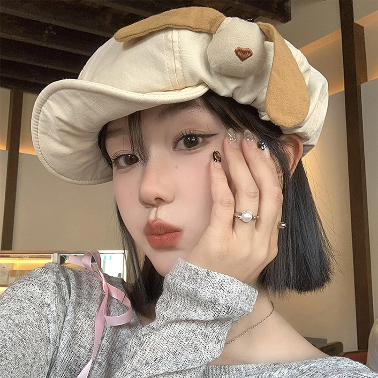 浪莎 可爱小狗翻檐云朵学生夏季复古甜美显脸小画家帽子 棉 八角帽 女款