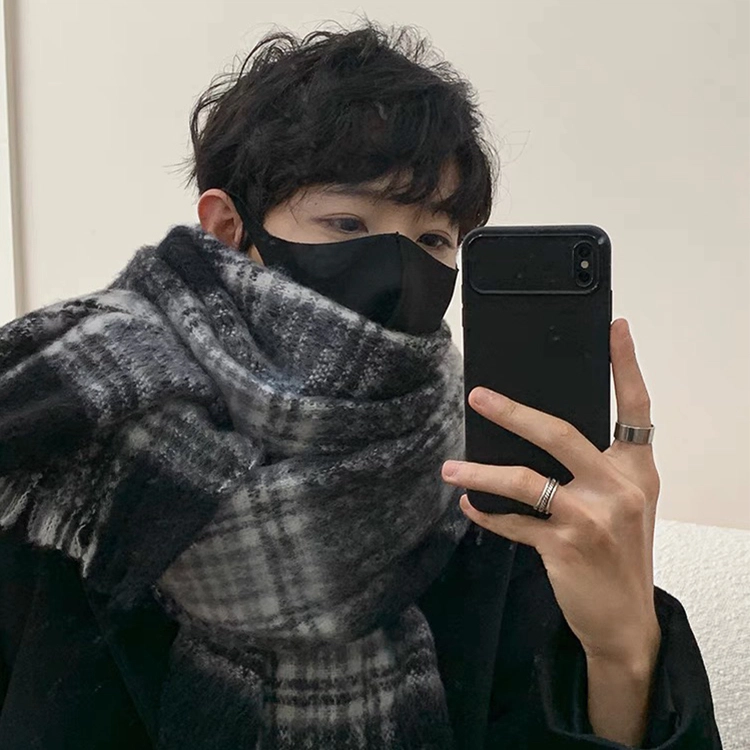 浪莎 大衣绝配黑白格纹马海毛围巾男女情侣款秋冬季保暖加厚复古披肩围脖 男女同款情侣款  礼盒装 绒线围巾 男女同款情侣款