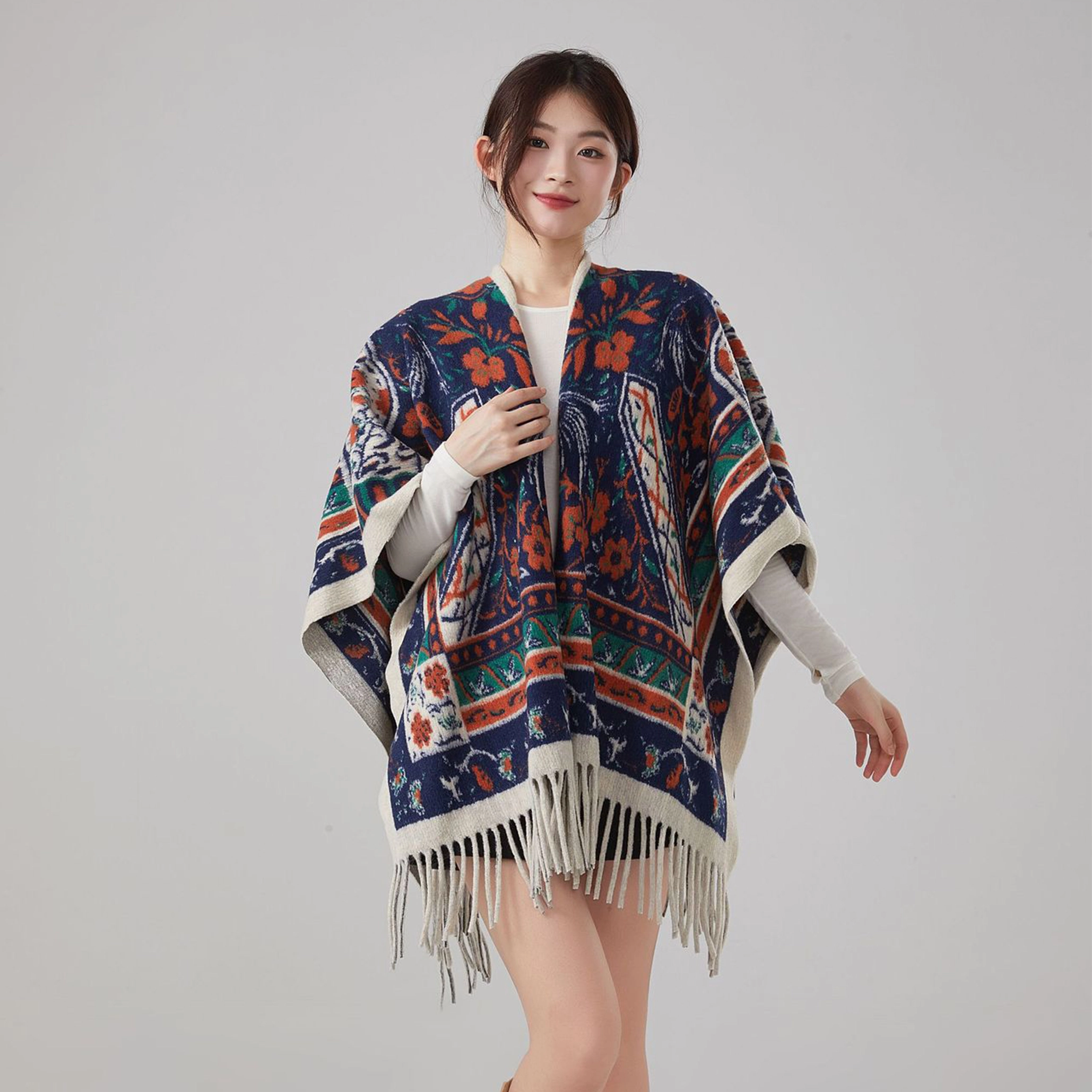 浪莎 双面繁花图腾外搭复古风高级感保暖流苏 聚酯纤维 披肩 女款