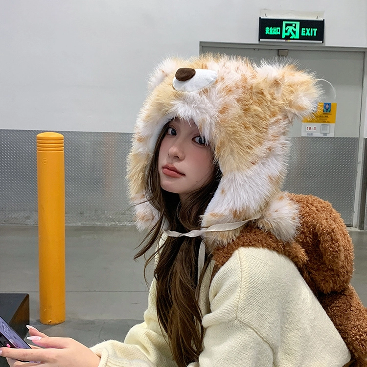 【萌趣搞怪】 浪莎 卡通可爱加厚豹纹小熊帽子女生冬季保暖防寒毛茸茸显脸小护耳 涤纶 绒线帽 女款