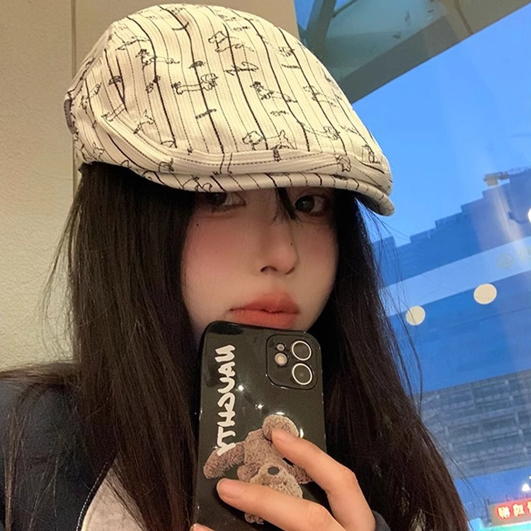 浪莎 日系文艺风条纹前进帽可爱卡通腊肠犬出游百搭显脸小报童帽街拍时尚 棉 贝雷帽 女款