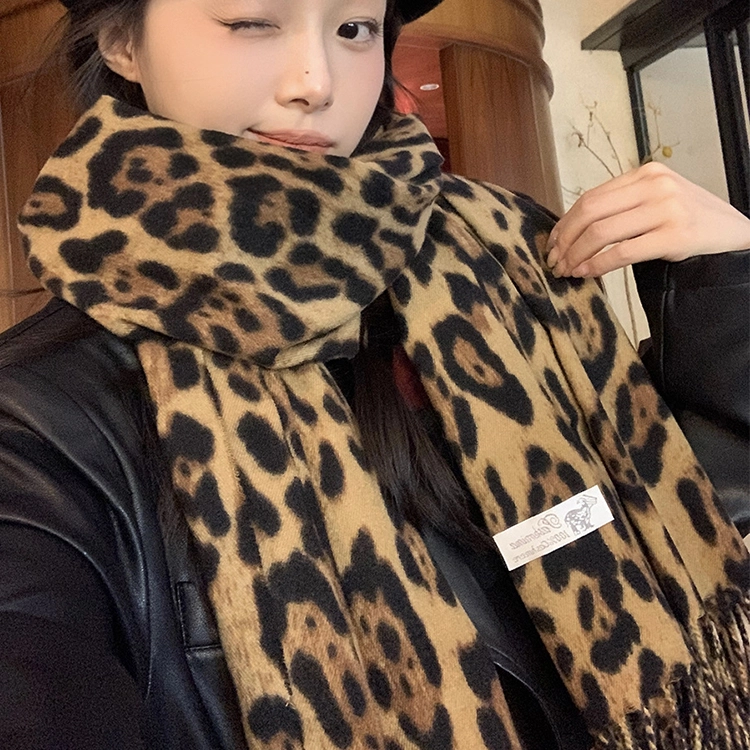 浪莎 甜酷风复古豹纹流苏绒线围巾男女情侣款千禧辣妹风秋冬加厚保暖披肩围脖 礼盒装 绒线围巾 男女同款情侣款