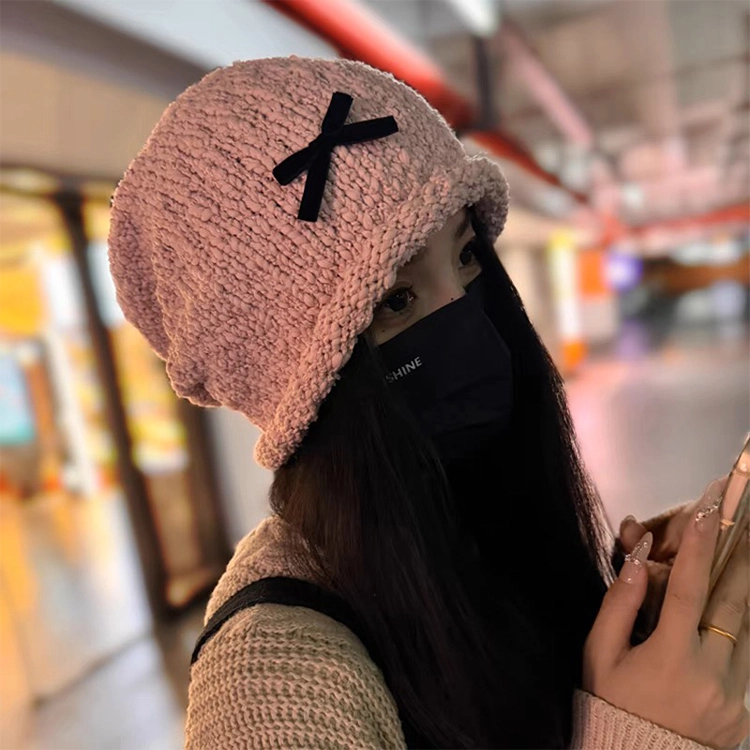 浪莎 蝴蝶结毛线冷帽保暖大头围显脸小针织堆堆帽 涤纶 绒线帽 女款