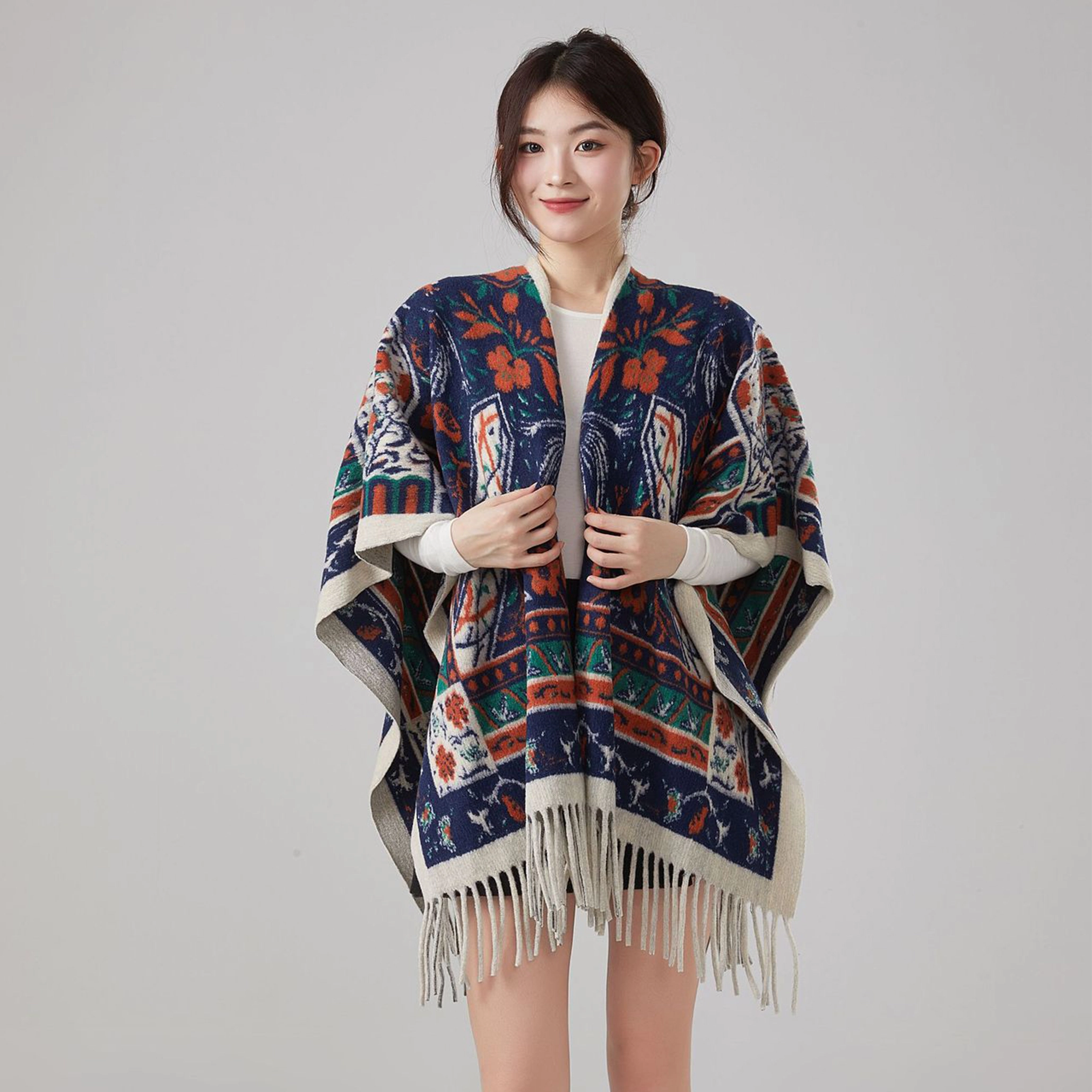 浪莎 双面繁花图腾外搭复古风高级感保暖流苏 聚酯纤维 披肩 女款