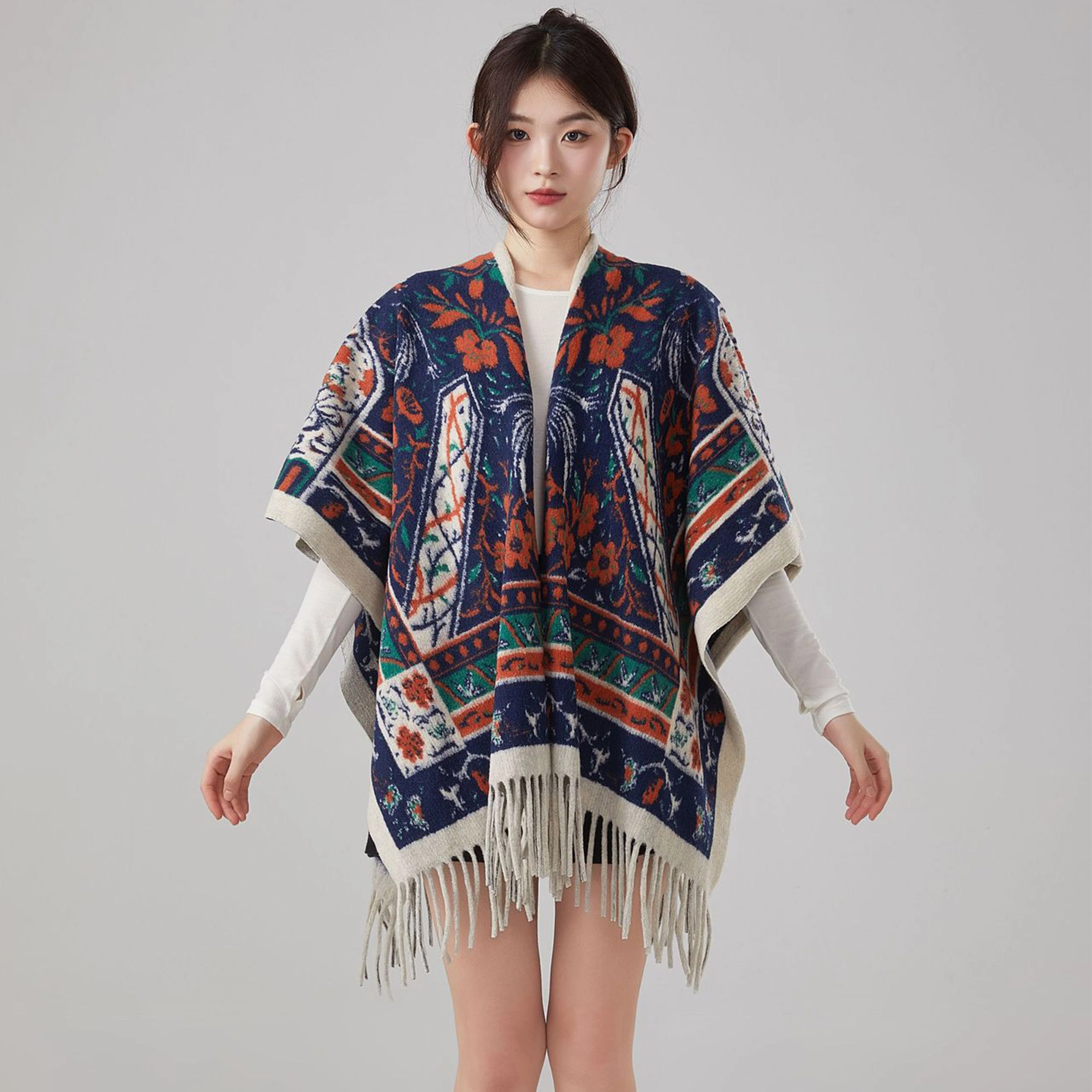 浪莎 双面繁花图腾外搭复古风高级感保暖流苏 聚酯纤维 披肩 女款