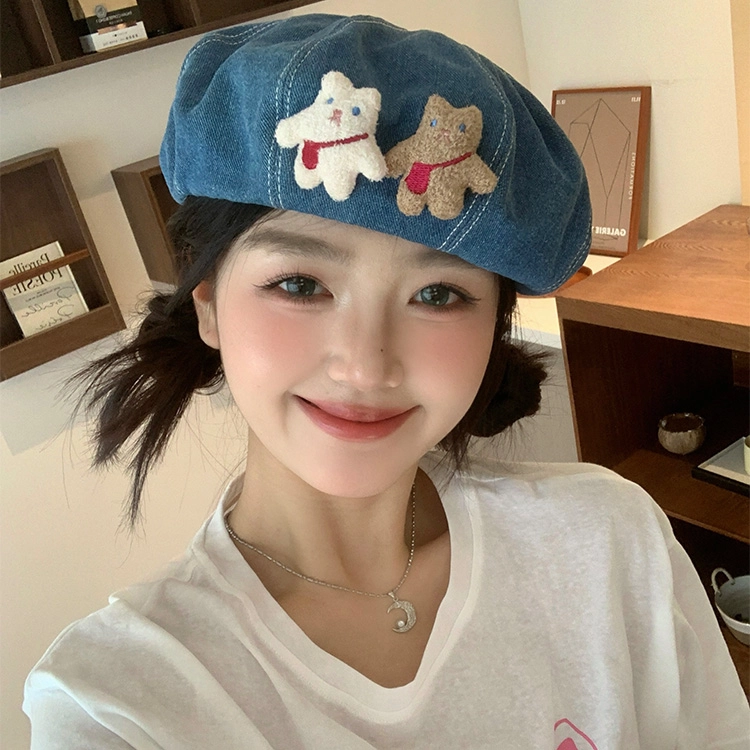 浪莎 日系卡通小熊饼干贴布甜美卡通气质 棉 贝雷帽 女款