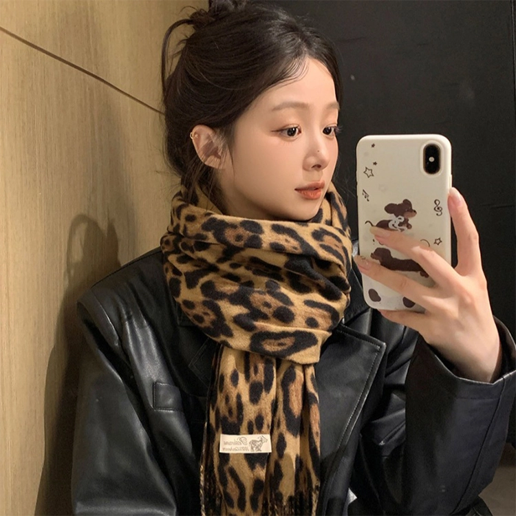 浪莎 甜酷风复古豹纹流苏绒线围巾男女情侣款千禧辣妹风秋冬加厚保暖披肩围脖 礼盒装 绒线围巾 男女同款情侣款