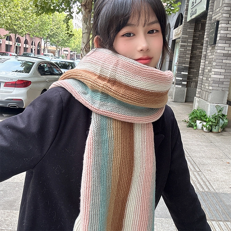 【个性撞色】 浪莎 彩虹岛屿氛围感针织撞色围巾冬季保暖加厚百搭毛线围脖加厚 男女同款情侣款 绒线围巾 男女同款情侣款