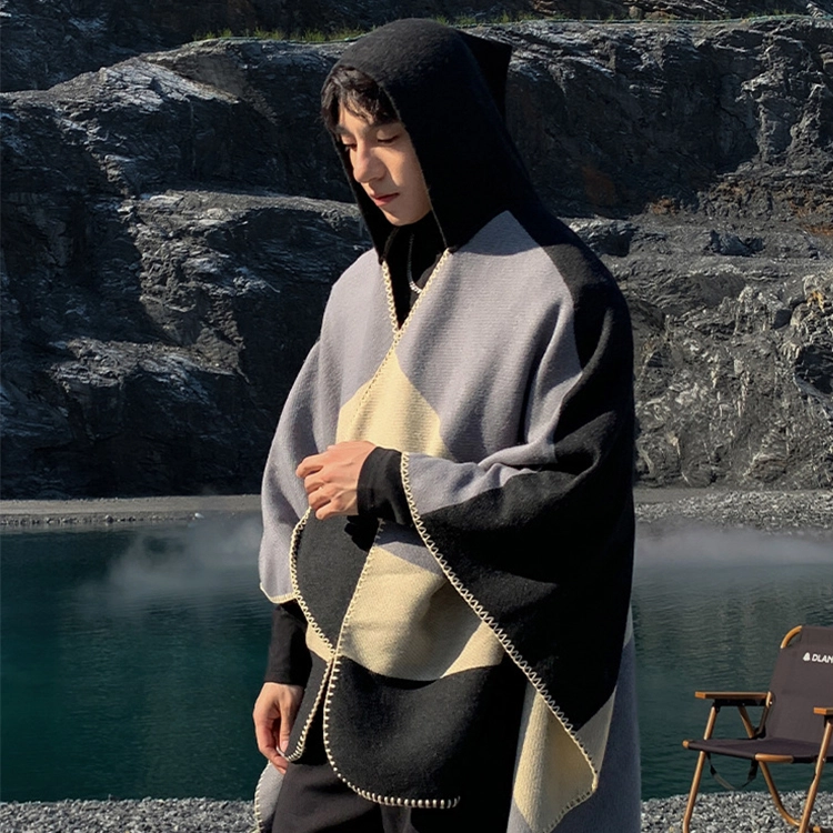浪莎 拼色条纹连帽斗篷披肩民族风旅游外搭保暖高级感围巾 男女同款情侣款 礼盒装 披肩 男女同款情侣款