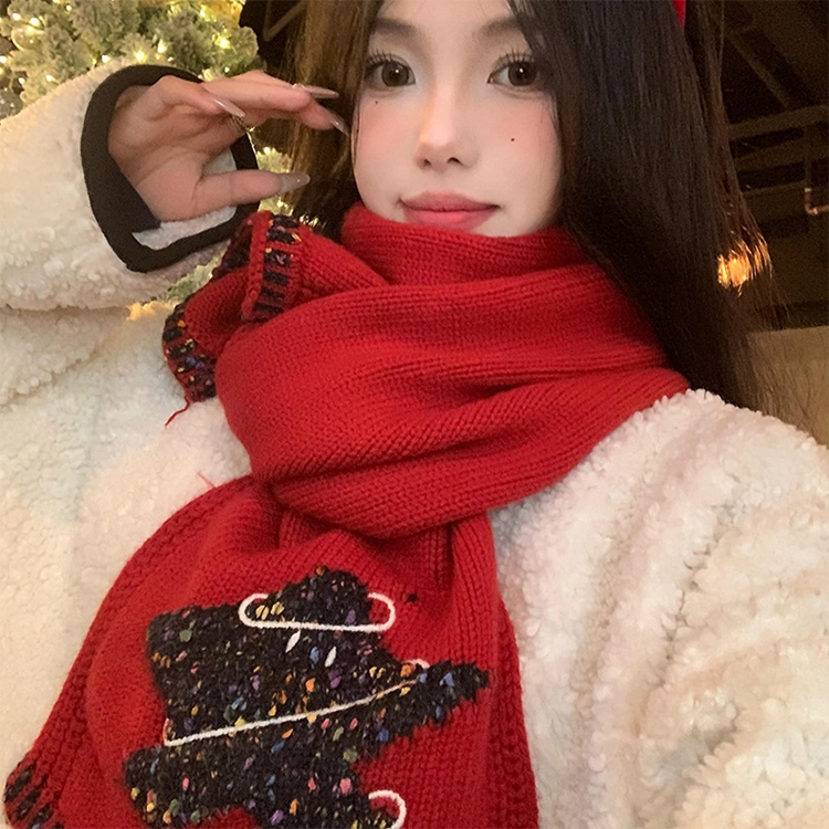 【圣诞氛围】 浪莎 圣诞星星红色针织围巾女生秋冬季保暖高级感防寒护颈围脖新年必备 礼盒装 绒线围巾 女款