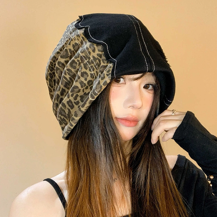 浪莎 韩系小众设计拼接豹纹辣妹复古堆堆帽大头围显脸小 棉 绒线帽 女款