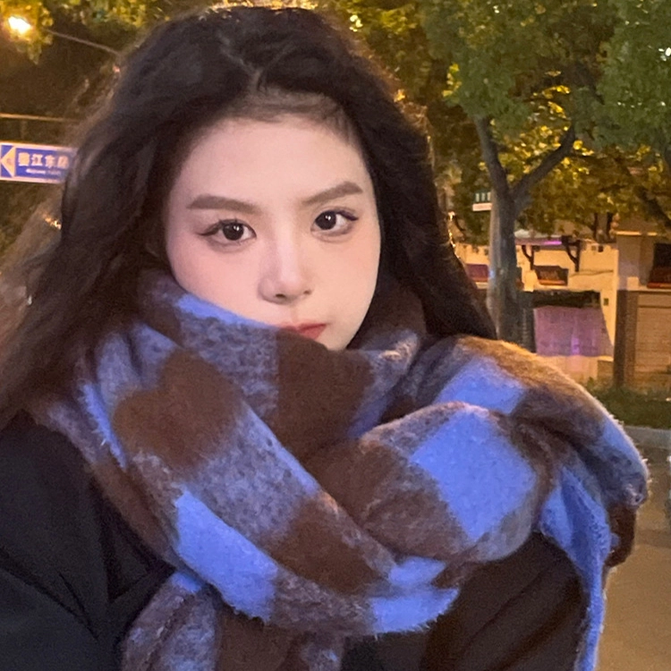 浪莎 超级氛围感马海毛流苏韩系加厚保暖格子仿羊绒 绒线围巾 通用