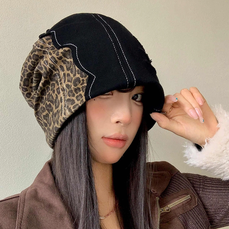 浪莎 韩系小众设计拼接豹纹辣妹复古堆堆帽大头围显脸小 棉 绒线帽 女款