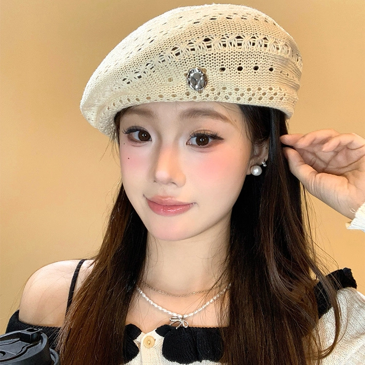 浪莎 日系学院风文艺多巴胺钩花镂空 棉麻 贝雷帽 女款
