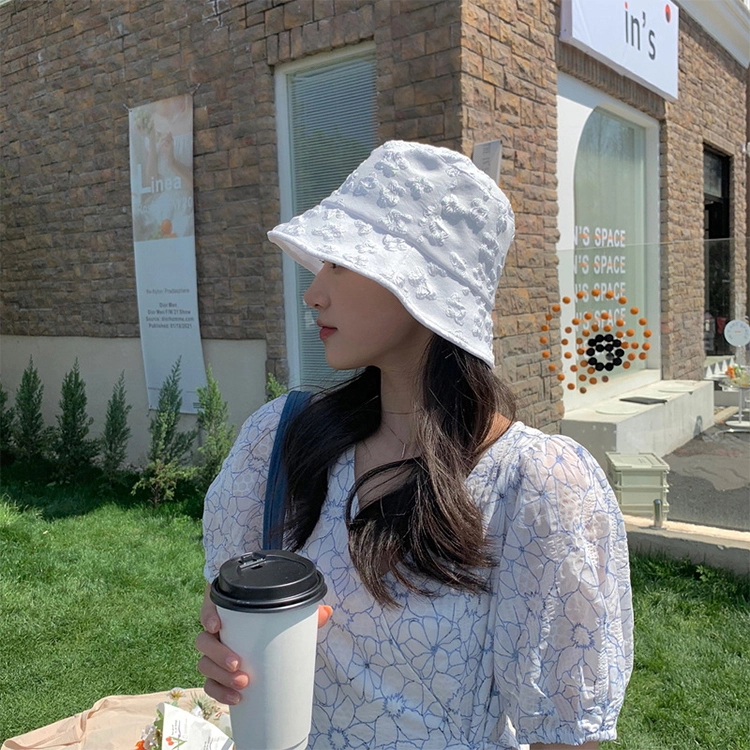 浪莎 蕾丝花朵刺绣气质遮阳盆帽水桶帽 棉 防晒帽 女款