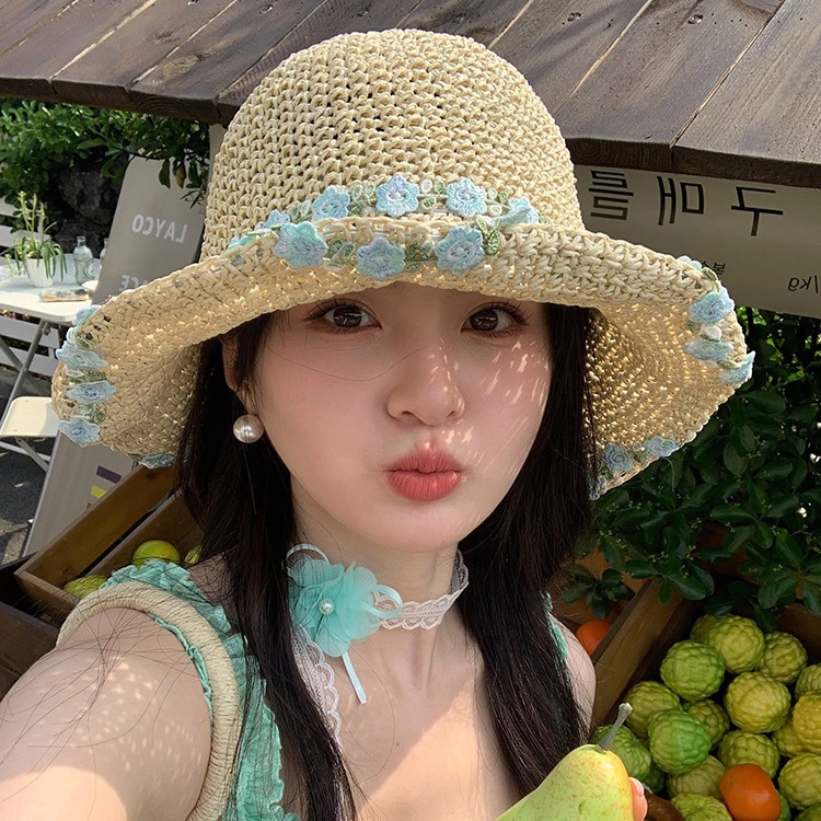 浪莎 薄荷曼波小清新花朵织带草帽大帽檐沙滩露营纯欲风出片 遮阳帽 草编 防晒帽 女款