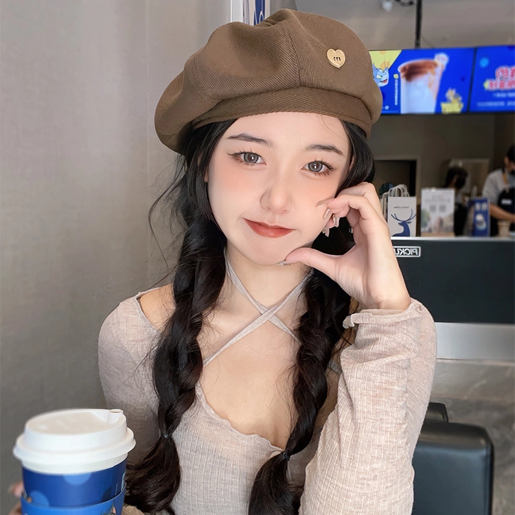 浪莎 韩系简约纯色爱心大头围时尚复古百搭时尚休闲 聚酯纤维 贝雷帽 女款