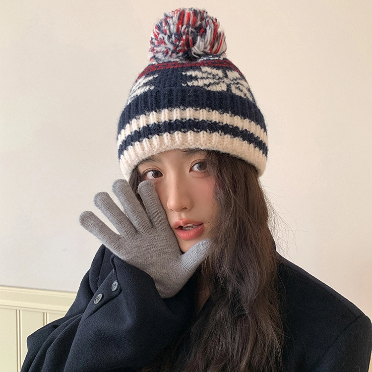 【圣诞氛围】 浪莎 费尔岛风冬季提花针织毛线帽子女生显脸小加厚保暖护耳冷帽绒线帽 涤纶 绒线帽 男女同款情侣款
