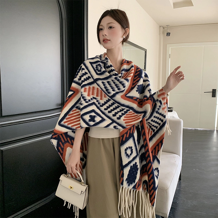 浪莎 温馨橙色插色双面旅行外搭高级感保暖流苏 聚酯纤维 披肩 女款