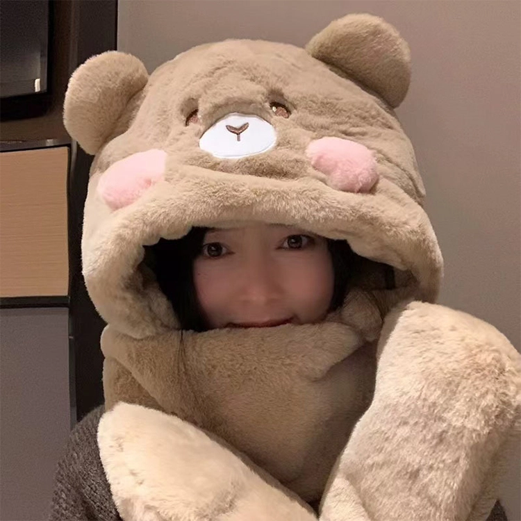 【萌趣可爱】 浪莎 圆腮红可爱小熊帽子围巾手套一体女生冬季保暖加绒加厚骑车防寒围脖绒线帽三合一 涤纶 绒线帽 女款