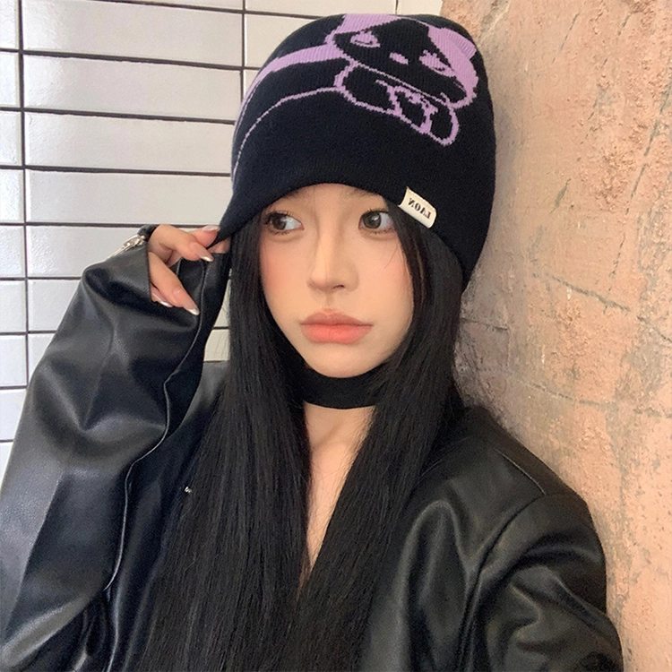 浪莎 秋冬季蝴蝶与猫学院风甜美大头围显脸小保暖防风毛线冷帽 腈纶 绒线帽 男女同款情侣款