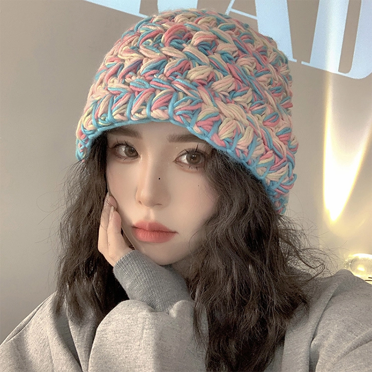 浪莎 小众粗针织混色手工绒线帽女生秋冬季彩色线保暖针织帽复古渔夫帽盆帽 腈纶 绒线帽 女款