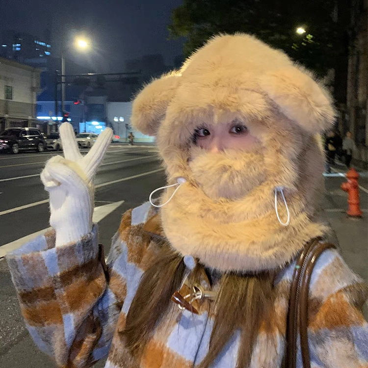 【颜值保暖兼具】 浪莎 秋冬季纯色可爱毛绒小熊连帽围脖通勤早八骑行保暖防风护颈护耳套头帽 涤纶 绒线帽 女款