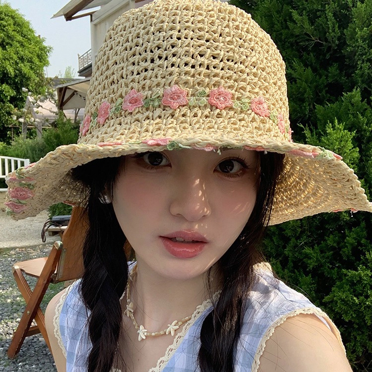 浪莎 薄荷曼波小清新花朵织带草帽大帽檐沙滩露营纯欲风出片 遮阳帽 草编 防晒帽 女款