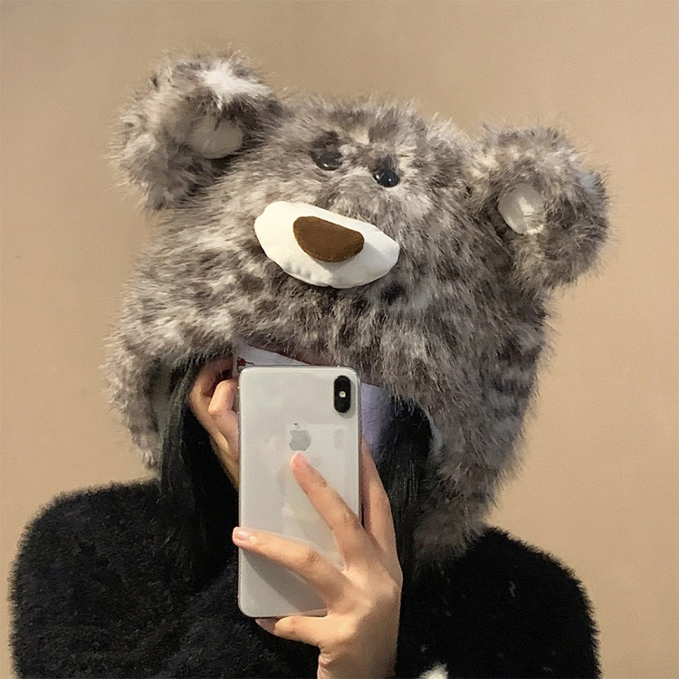【萌趣搞怪】 浪莎 卡通可爱加厚豹纹小熊帽子女生冬季保暖防寒毛茸茸显脸小护耳 涤纶 绒线帽 女款