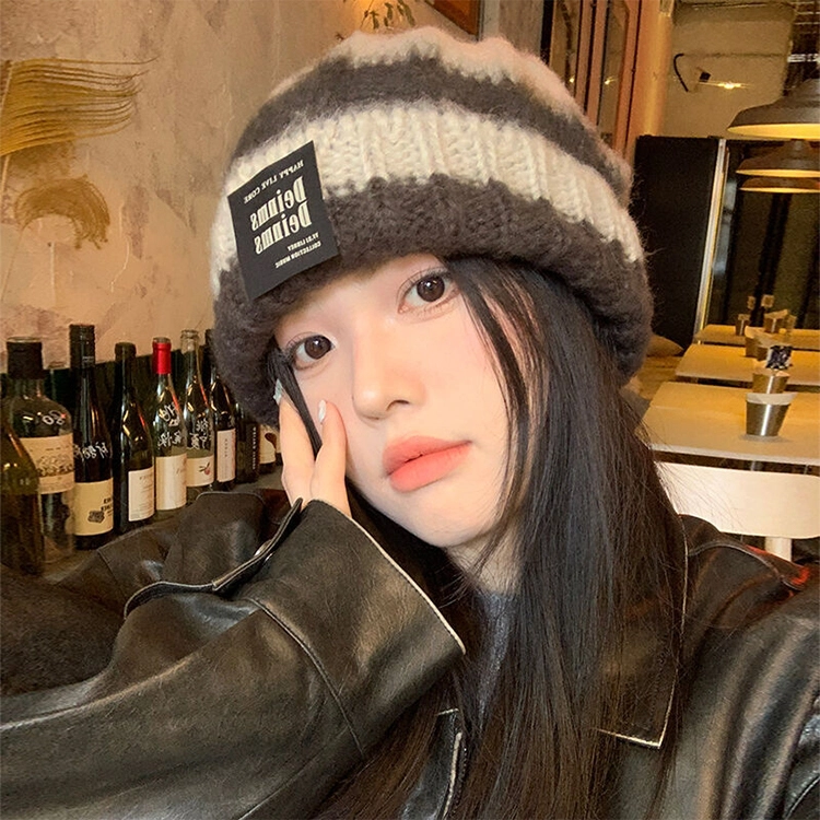 浪莎 冬季大头围显脸小保暖针织帽男女情侣款双色拼接针织简约个性毛线堆堆帽 腈纶 绒线帽 女款