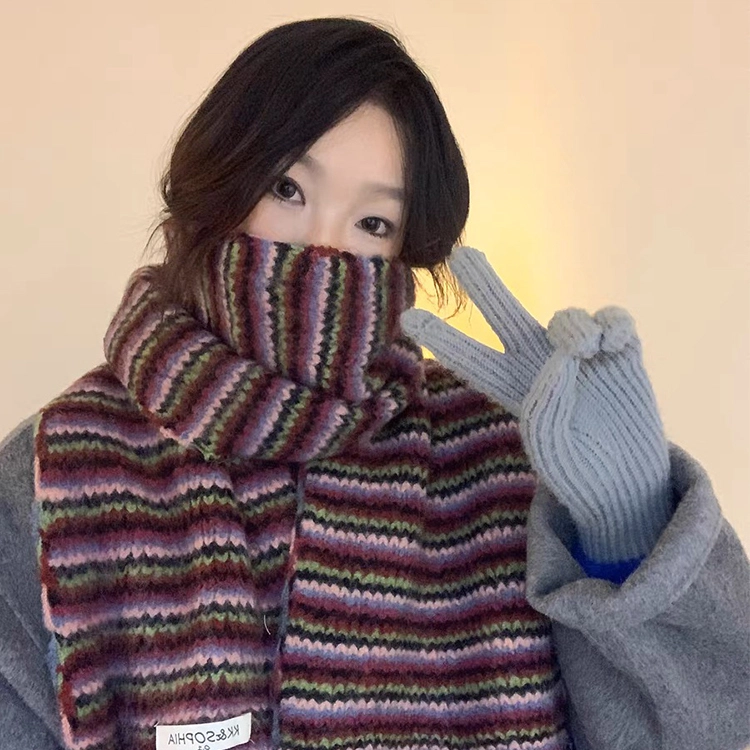 【百搭撞色】 浪莎 冬季文艺风多巴胺复古条纹双色流苏羊毛混纺围巾百搭保暖针织毛线围脖 男女同款情侣款 绒线围巾 男女同款情侣款