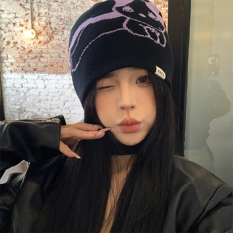 浪莎 秋冬季蝴蝶与猫学院风甜美大头围显脸小保暖防风毛线冷帽 腈纶 绒线帽 男女同款情侣款