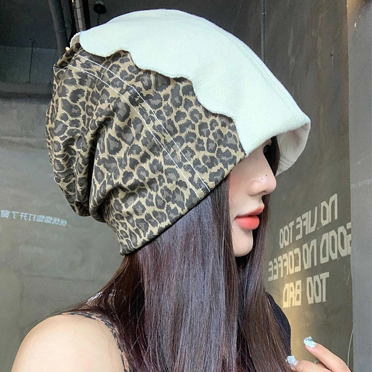 浪莎 韩系小众设计拼接豹纹辣妹复古堆堆帽大头围显脸小 棉 绒线帽 女款