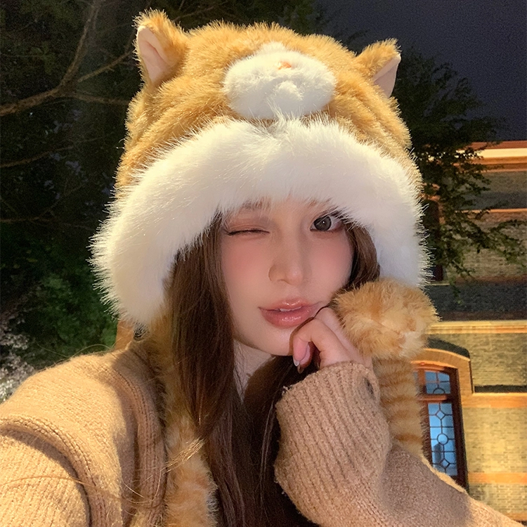 【萌趣搞怪】 浪莎 趣味小猫咪软乎乎可爱毛绒帽女生冬季保暖护耳雷锋帽时尚趣味渔夫帽 涤纶 绒线帽 女款