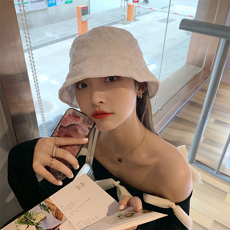 浪莎 蕾丝花朵刺绣气质遮阳盆帽水桶帽 棉 防晒帽 女款