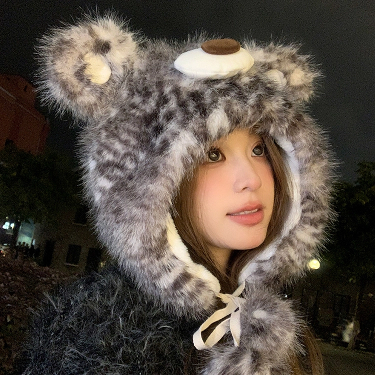 【萌趣搞怪】 浪莎 卡通可爱加厚豹纹小熊帽子女生冬季保暖防寒毛茸茸显脸小护耳 涤纶 绒线帽 女款
